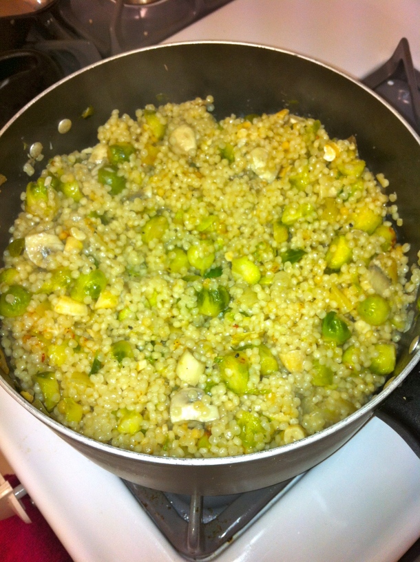 Israeli Couscous with: Brussels sprouts, onions, mushroom & cashews